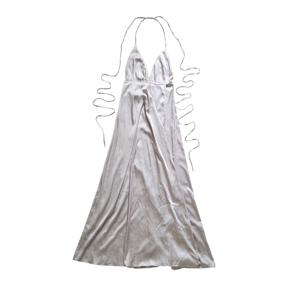 State of Love Womens 8 Maxi Dress Gray Satin Halter Open Back Long Tie Formal